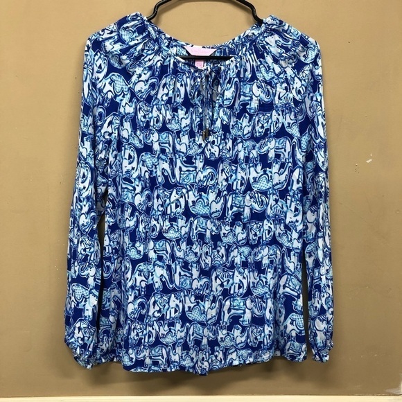 Lilly Pulitzer WILLA TUNIC TOP Women's Size Small Blue White Elephant - Picture 1 of 8